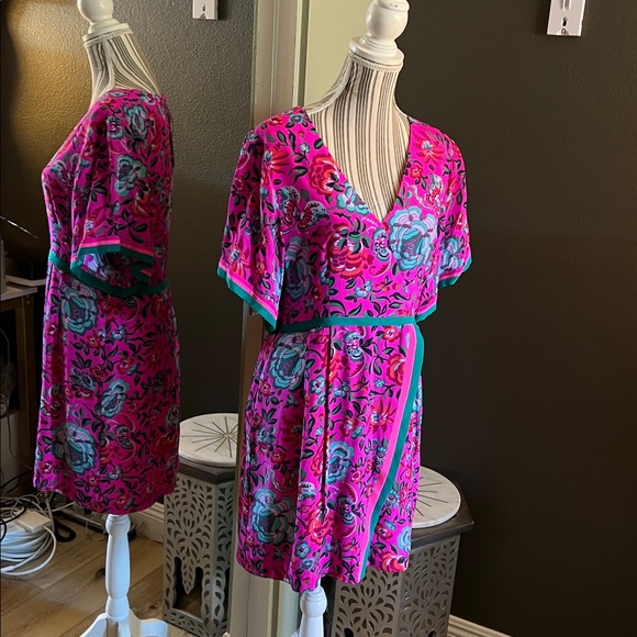 π 1 hour sale. NWT. Nanette Lepore, size 10, Teal & Pink, Lotus Silk, Floral - Picture 2 of 11